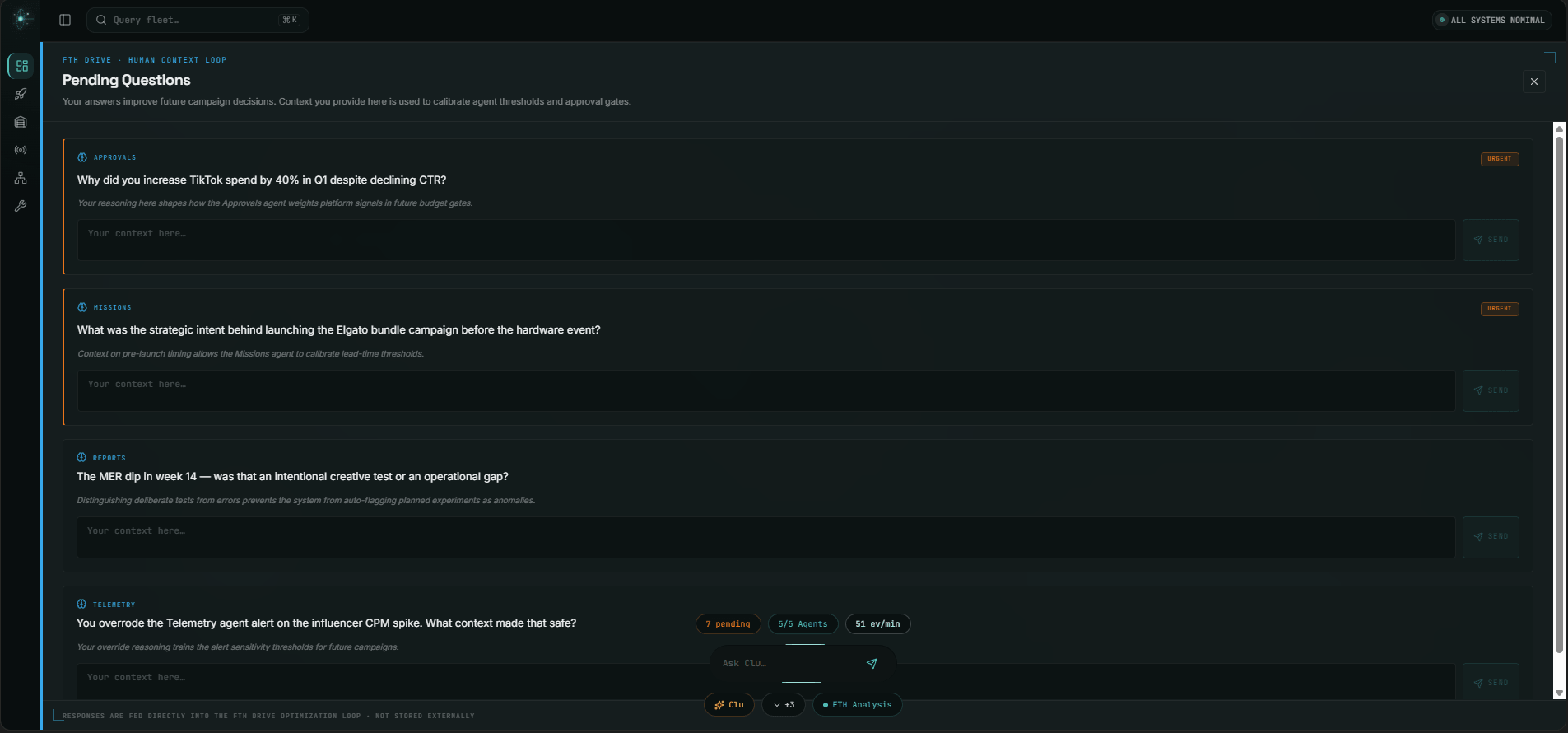 FTH Drive — Pending Questions interface showing the Human Context Loop in action